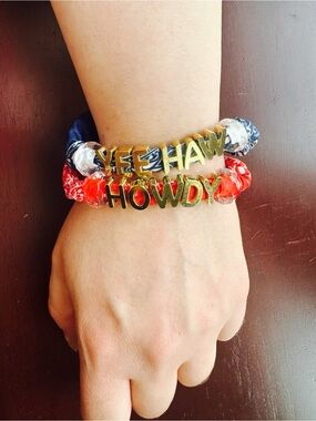 Bandana Bracelet Set YEE HAW & HOWDY Gold Letter Charm Bracelets Red White Blue